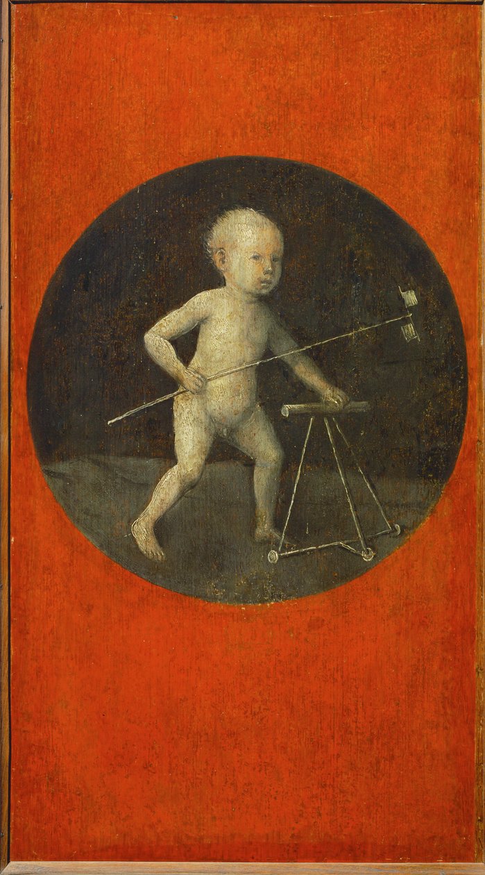 Kleines Kind mit Windmühle, Tondo, um 1490 von Hieronymus Bosch