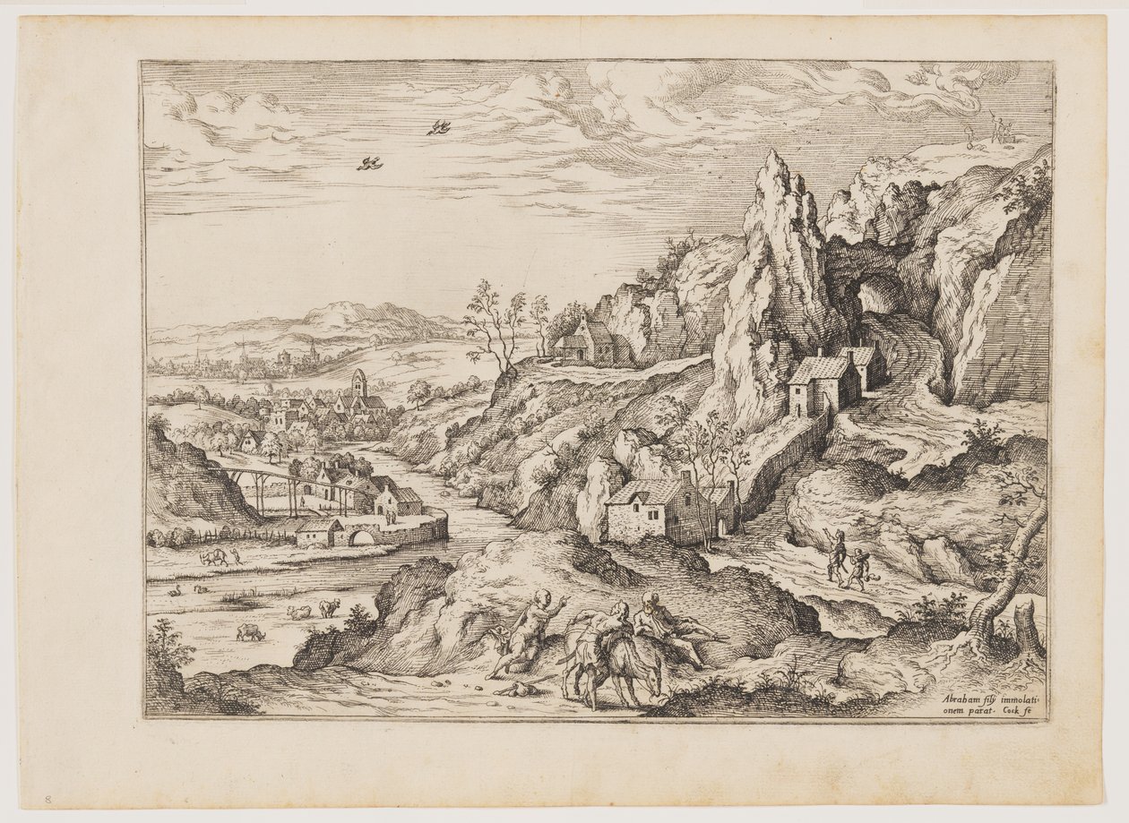 Abraham und Isaak auf dem Weg zum Opfer, aus Landschaften mit biblischen und mythologischen Szenen von Hieronymus Cock