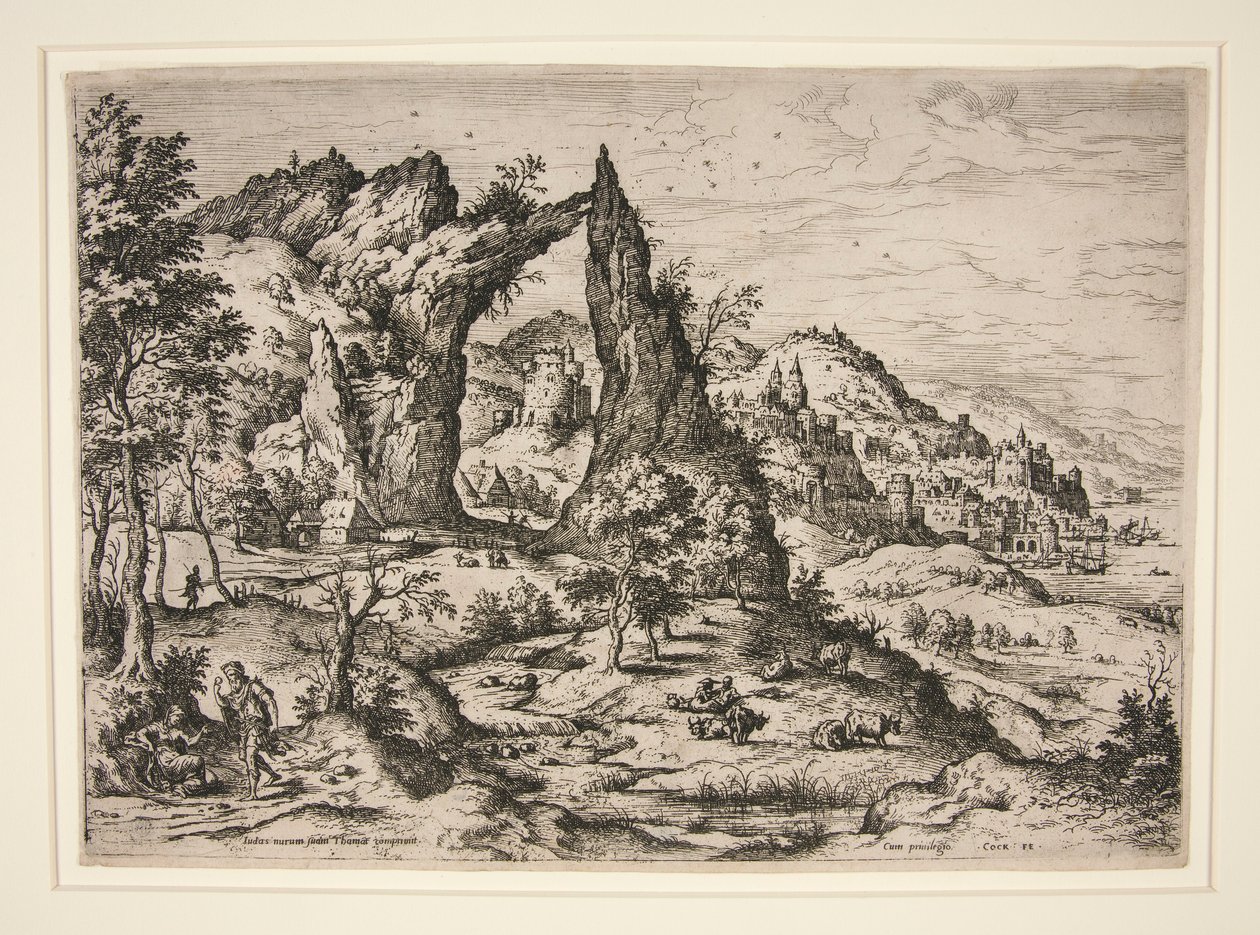 Judas und Thamar, aus Landschaften mit biblischen und mythologischen Szenen von Hieronymus Cock