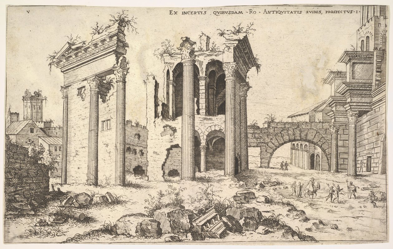 Ansicht unbekannter Ruinen mit trabeierter Fassade links, Arkaden in der Mitte und Bogen, 1551 von Hieronymus Cock