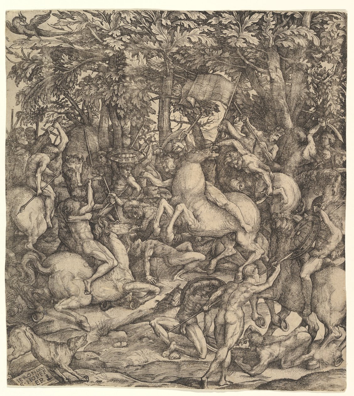 Schlacht zwischen Kavallerie und Infanterie in einem Wald von Hieronymus Hopfer
