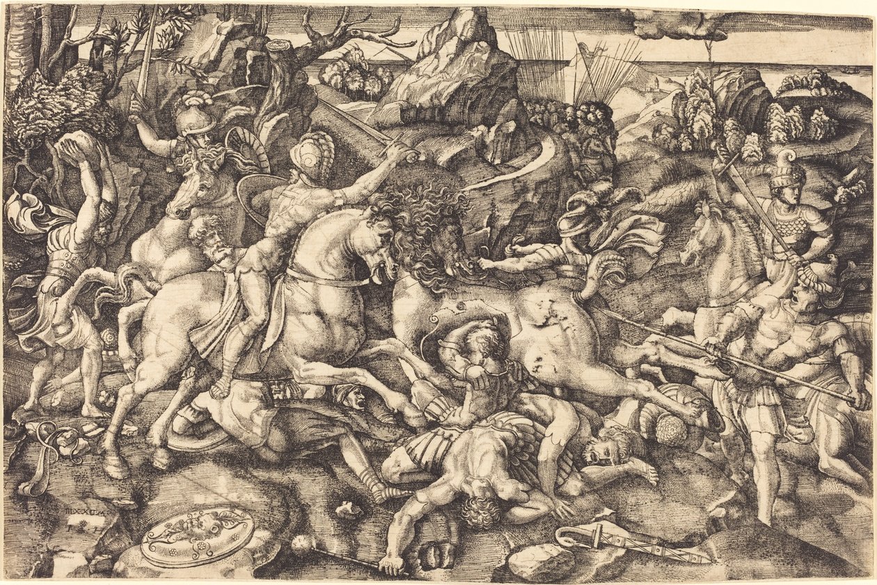 Kampf zwischen Reitern und Fußsoldaten von Hieronymus Hopfer after Raphael