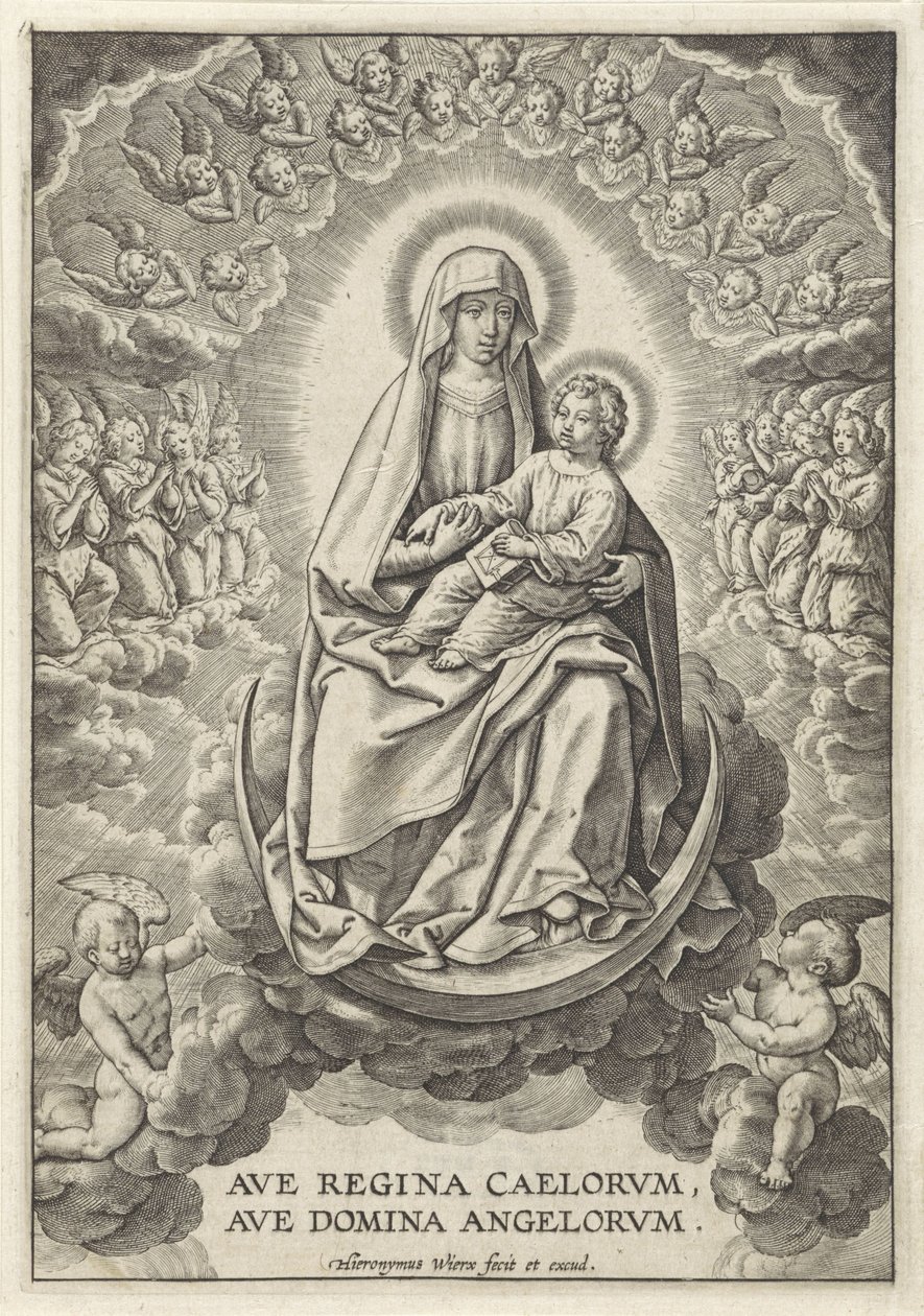 Maria mit dem Christuskind auf der Mondsichel von Hieronymus Wierix