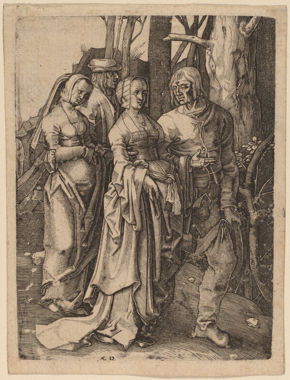 Die zwei Paare im Wald von Hieronymus Wierix after Lucas van Leyden