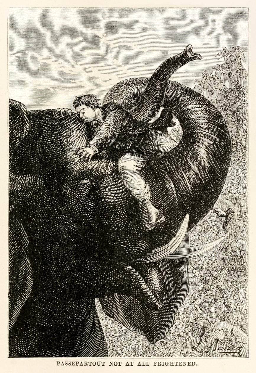 Passepartout überhaupt nicht erschrocken, aus In 80 Tagen um die Welt von Jules Verne (1828-1905), 1873 von Hippolyte Leon after Benett