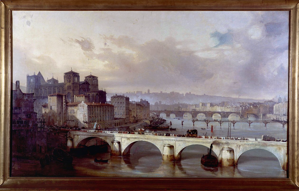 Prozession auf der Brücke des Erzbistums in Lyon - Gemälde von Hyppolyte Leymarie, ca. 1835-1840, Gadagne-Museum in Lyon von Hippolyte Leymarie