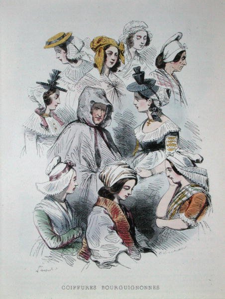 Kopfbedeckungen burgundischer Bauern, aus dem Buch 