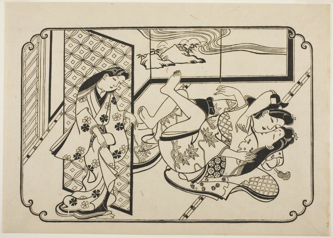 Eine Kurtisane mit ihrem Kunden, das erste Blatt eines unbetitelten erotischen Bilderalbums von Hishikawa Moronobu