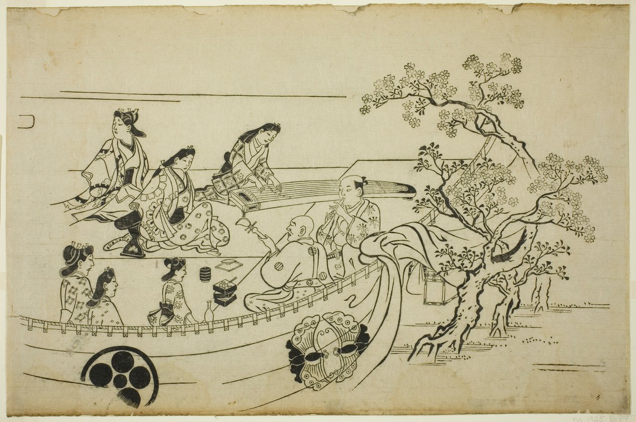 Blumenbetrachtungsparty mit Wappen-Vorhang, aus der Serie "Blumenbetrachtung in Ueno (Ueno hanami no tei)" von Hishikawa Moronobu