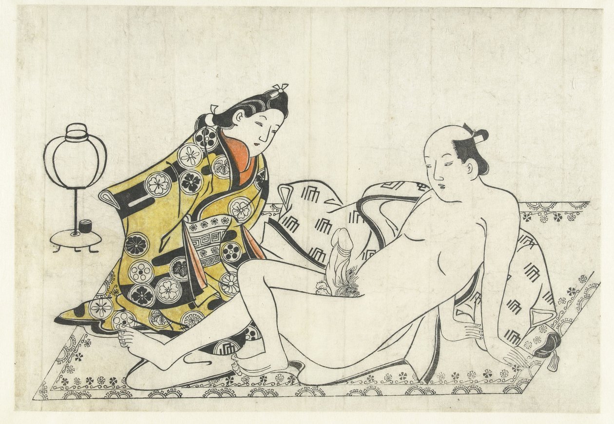 Junge Frau und nackter Mann auf Teppich von Hishikawa Moronobu