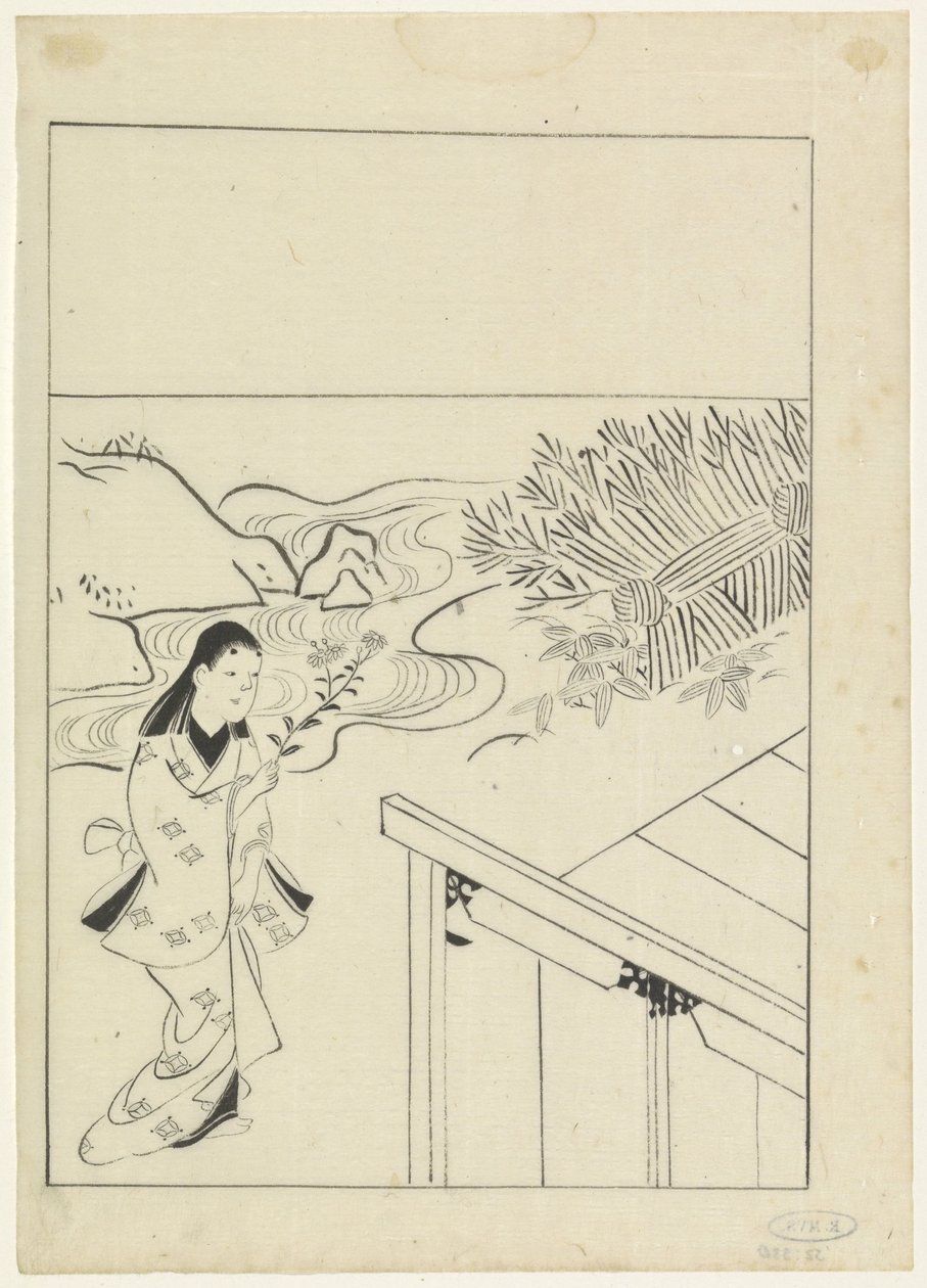 Landschaft mit einer Frau mit einem Blumenstrauß in der Hand von Hishikawa Moronobu