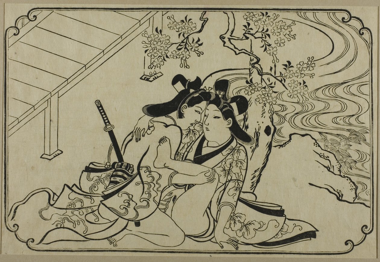 Liebende im Garten, aus einer unbetitelten Serie erotischer Drucke von Hishikawa Moronobu