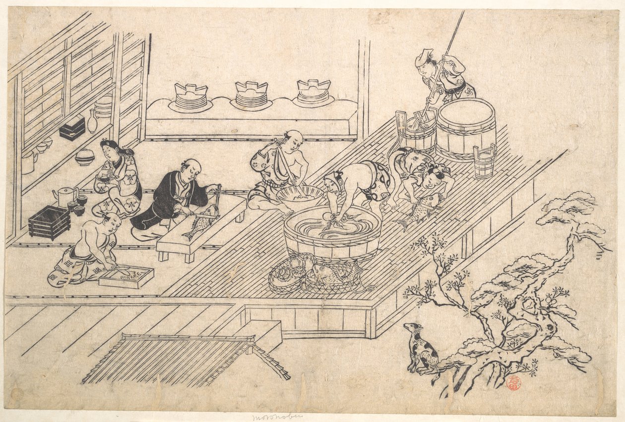 Die Küche einer Joroya von Hishikawa Moronobu