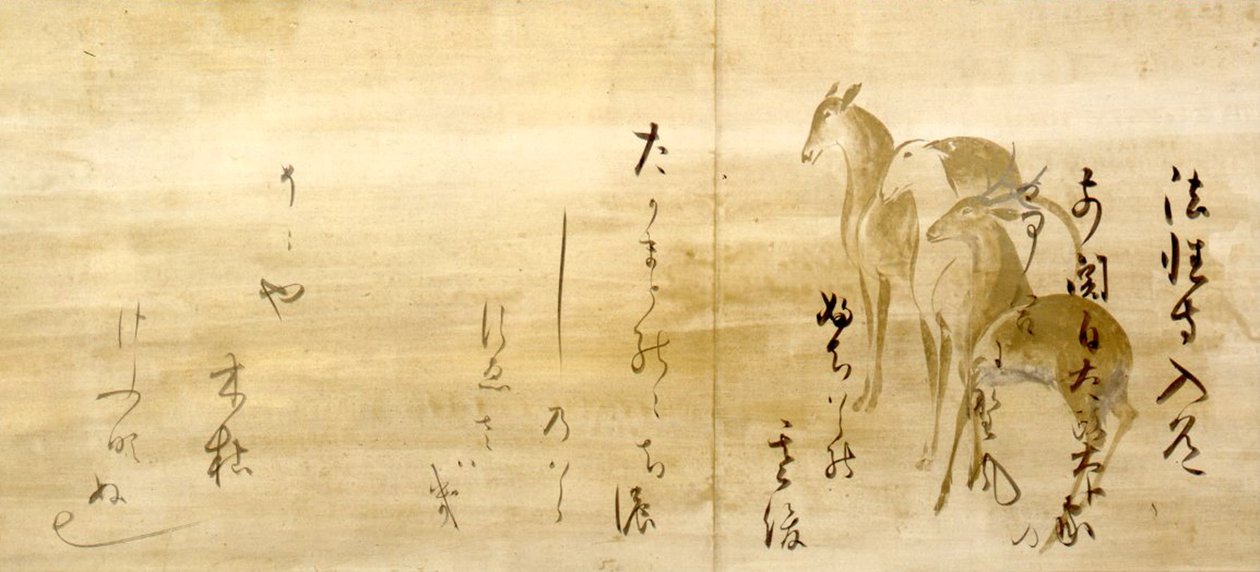 KALLIGRAPHIE VON GEDICHTEN aus dem Shinkokin-wakashu auf Papier mit Hirschdekoration von Honami Koetsu