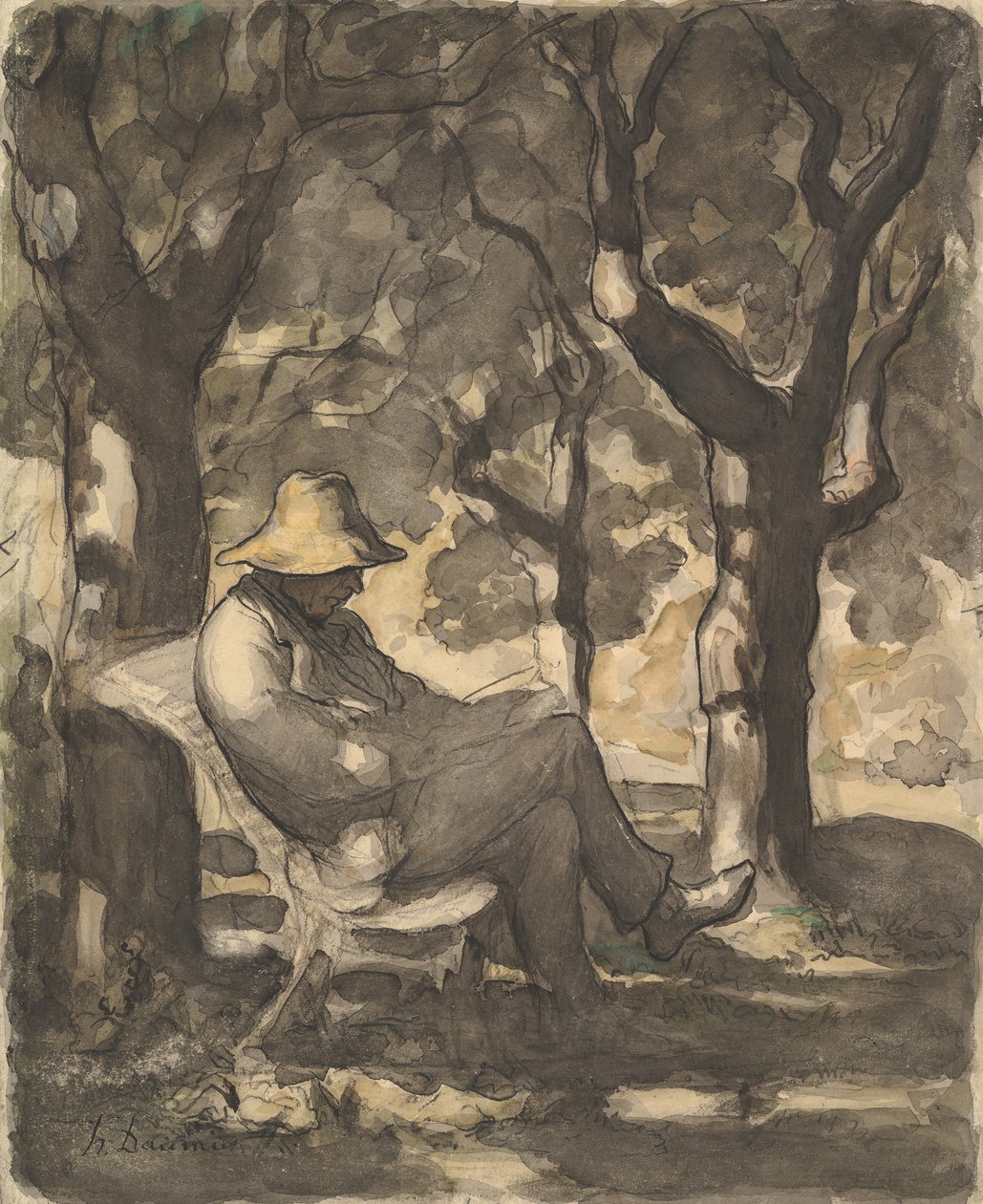 Ein Mann liest in einem Garten, ca. 1865 von Honoré Daumier