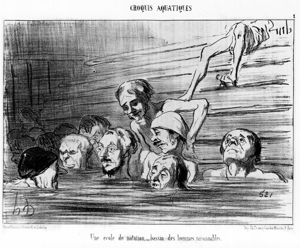 Eine Schwimmschule, ein Pool vernünftiger Männer: Illustration aus der Serie „Sommer-Skizzen“, Karikaturen über das Schwimmen von Honore Daumier (1808-1879). „Charivari“ von Honoré Daumier