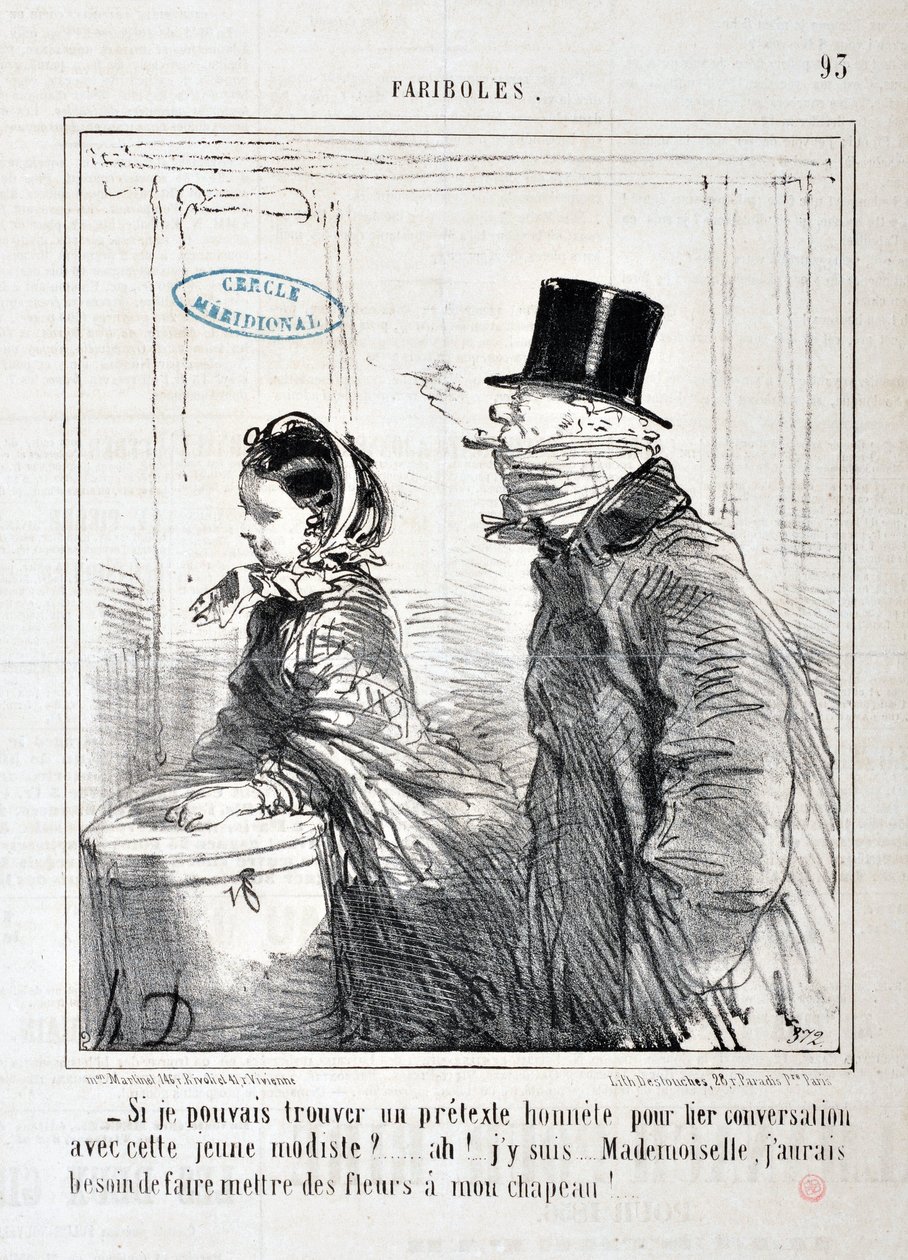 Charivari: Serie FARIBOLES. - Wenn ich nur einen ehrlichen Vorwand finden könnte, um ein Gespräch mit diesem jungen Modell zu beginnen?... Ah! Ich habe es... Fräulein, ich muss Blumen auf meinen Hut setzen! MUSEUM OF FINE ARTS - PALACE LONGCHAMP, MARSEILLE von Honoré Daumier