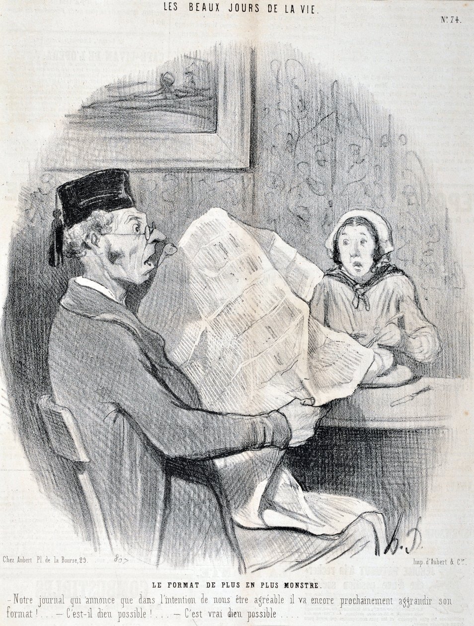 Werk von Honore Daumier: Serie THE BEAUTY DAYS OF LIFE. Das zunehmend monströse Format „Unsere Zeitung kündigt an, dass sie, um Ihnen angenehm zu sein, bald ihr Format weiter vergrößern wird! Ist das möglich, Gott?“ von Honoré Daumier