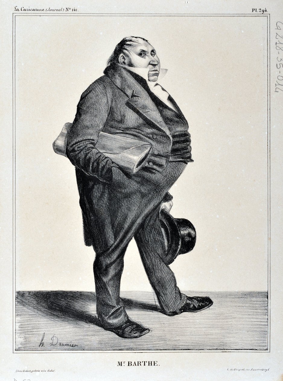 Charivari von 1833: Serie Celebrites de la Caricature. M. Barthe. MUSEE DES BEAUX ARTS - PALAIS LONGCHAMP, MARSEILLE von Honoré Daumier
