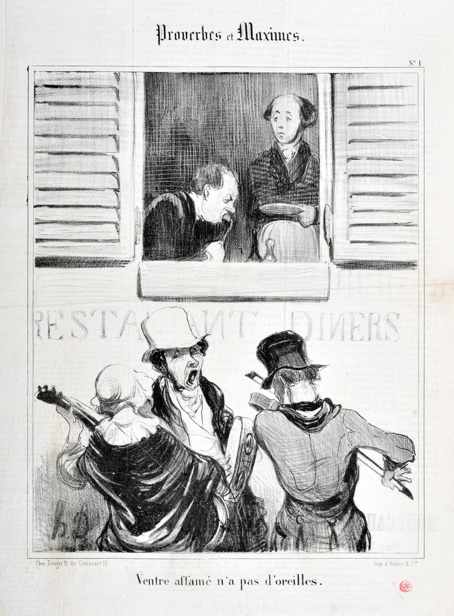Werk von Honore Daumier (1808-1879). Charivari aus dem Jahr 1840: Serie PROVERBES ET MAXIMES „Belly starvation has no ears“ MUSEE DES BEAUX ARTS - PALAIS LONGCHAMP, MARSEILLE von Honoré Daumier