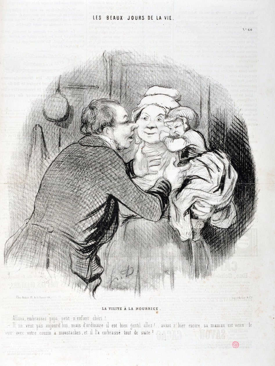 Charivari von 1848: Serie Les beaux jours de la vie. Der Besuch bei der Amme - Lass uns Papa küssen, kleines Kind Liebling - Er will heute nicht, aber normalerweise... MUSEUM OF FINE ARTS - PALACE LONGCHAMP, MARSEILLE von Honoré Daumier