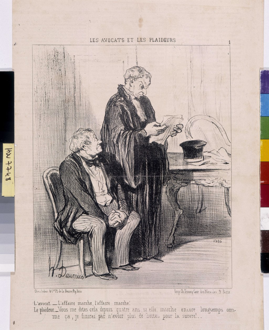 Serie „Die Anwälte und die Streitenden“. „Der Anwalt - der Fall läuft, der Fall läuft! Der Streitende - Das sagen Sie mir seit vier Jahren, wenn sie so lange läuft, werde ich am Ende...“. von Honoré Daumier