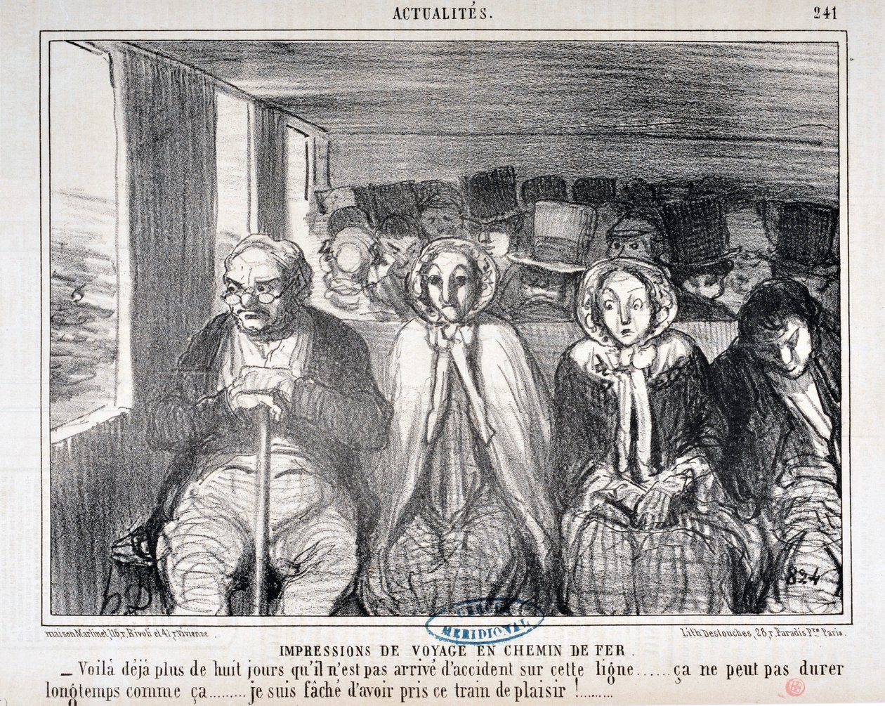 Werk von Honore Daumier (1808-1879) Charivari aus dem Jahr 1855: Serie Actualites de voyage en railroad - „Hier ist mehr als acht Tage, dass es keinen Unfall auf dieser Strecke gegeben hat... es kann nicht lange so bleiben... Es tut mir leid, diesen Zug ge von Honoré Daumier