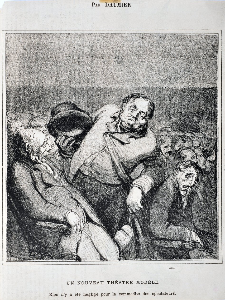 Werk von Honore Daumier (1808-1879). Charivari stammt aus dem Jahr 1864: Serie Skizzen im Theater Ein neues Theatermodell. Nichts wurde für den Komfort der Zuschauer vernachlässigt. MUSEE DES BEAUX ARTS - PALAIS LONGCHAMP, MARSEILLE von Honoré Daumier