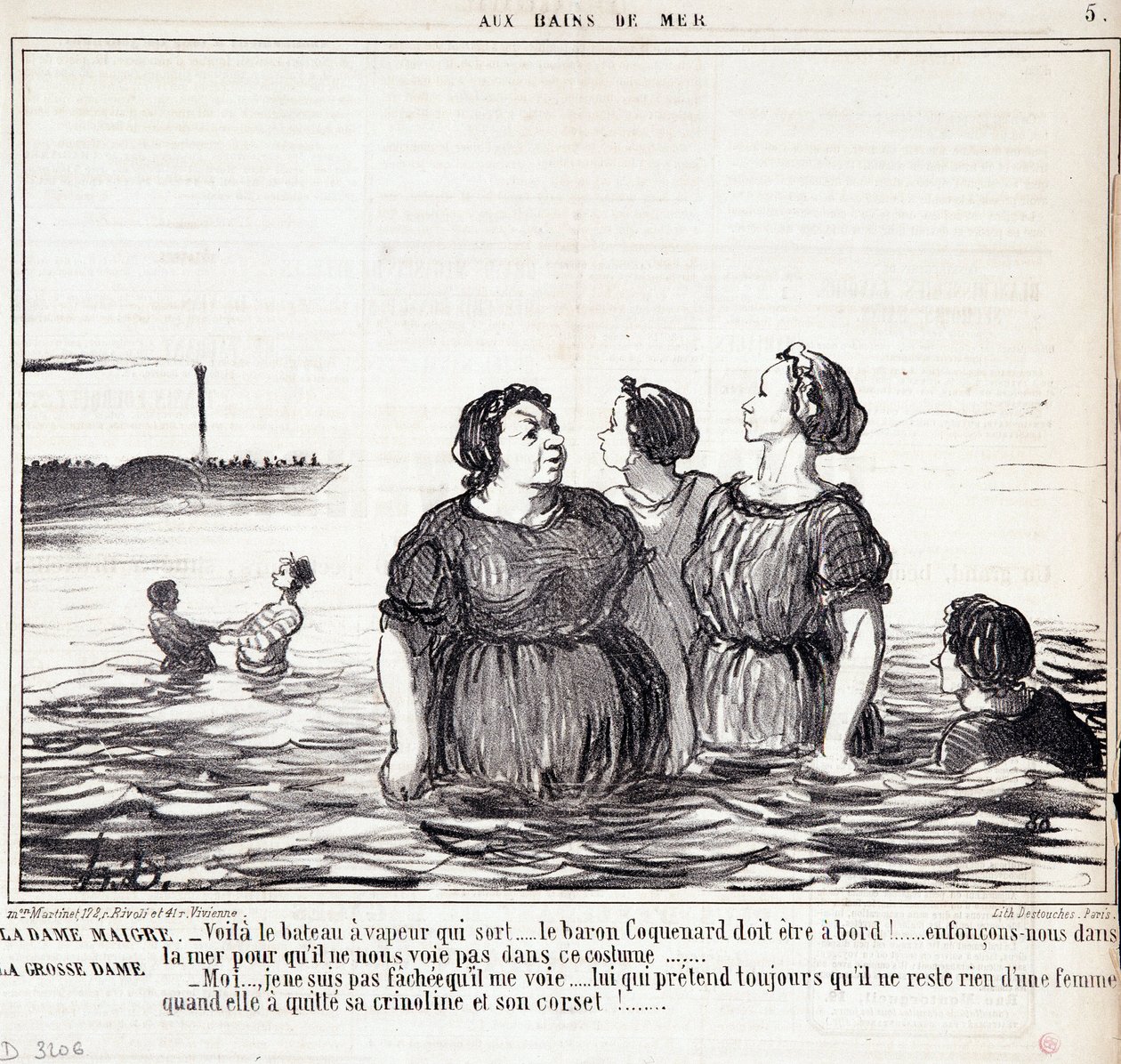 Karikatur über Erscheinungen und Mode. Serie „Les Bains de Mer“: „Die dünne Dame (...), die dicke Dame (...)“. Gravur von Honoré Daumier (1808-1879). Auszug aus der Zeitung „Le Charivari“ vom 16. September. von Honoré Daumier