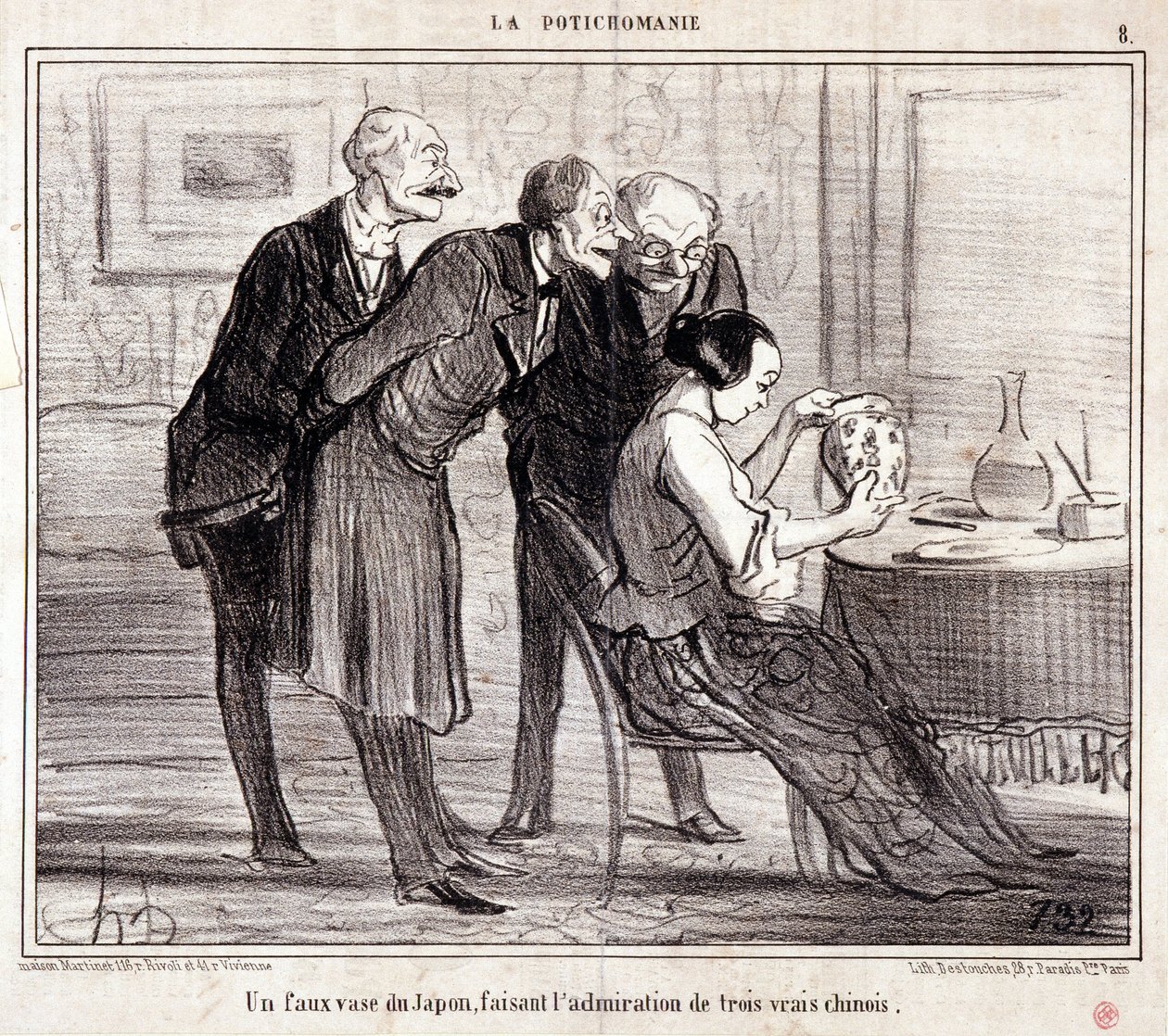 Karikatur über Kunstsammler. Serie „Potichomania“: „Eine falsche Vase aus Japan bewundert drei Chinesen.“ von Honoré Daumier