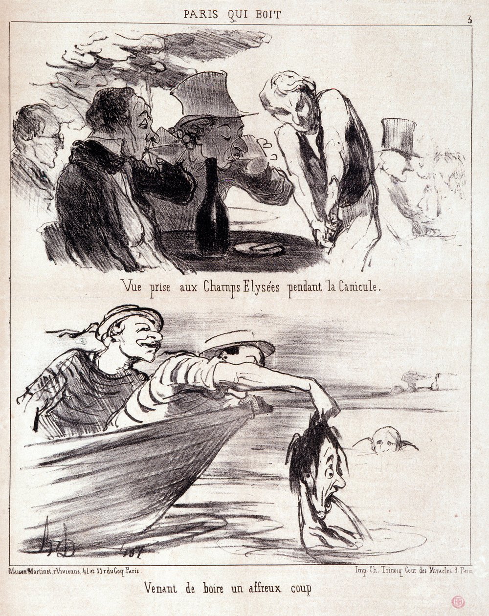 Karikatur über gastronomischen Missbrauch. Serie „Paris qui boire“: „Ansicht auf den Champs Elysees während der Hitzewelle. Gerade einen schrecklichen Schlag getrunken.“ Gravur von Honore Daumier (1808-1879). Auszug aus der Zeitung „Le Charivari“ vom 5. Ju von Honoré Daumier