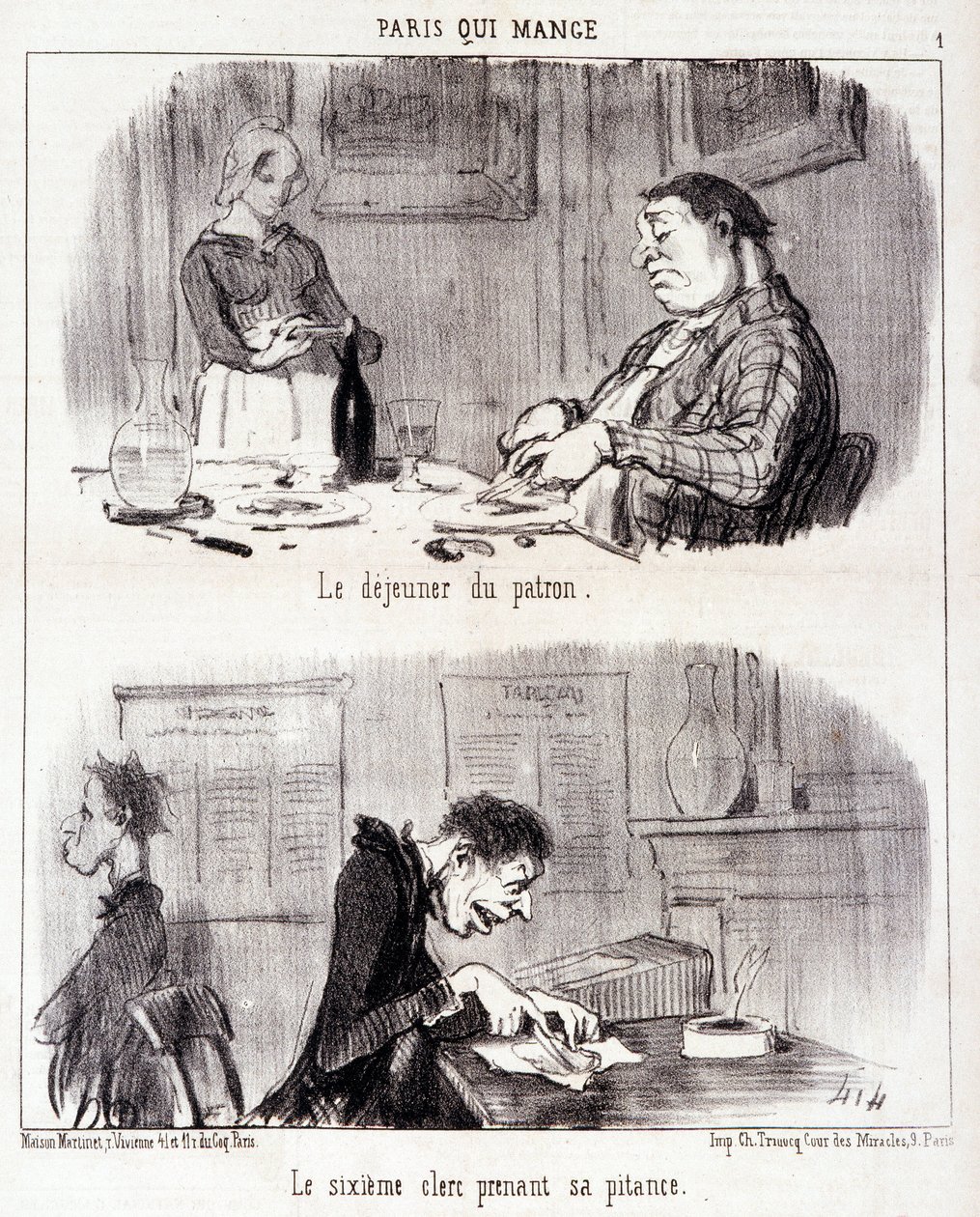 Karikatur über gastronomischen Missbrauch. Serie „Paris qui mange“: Das Frühstück des Chefs. Der sechste Angestellte nimmt seine Mahlzeit. von Honoré Daumier