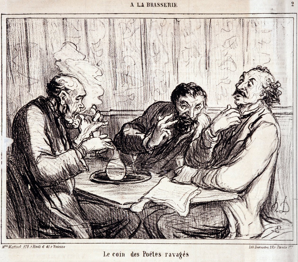 Karikatur über Dichter. Serie „In der Brauerei“: „Die Ecke der verwüsteten Dichter“. Gravur von Honoré Daumier (1808-1879). Auszug aus der Zeitung „Le Charivari“ vom 7. Januar. von Honoré Daumier