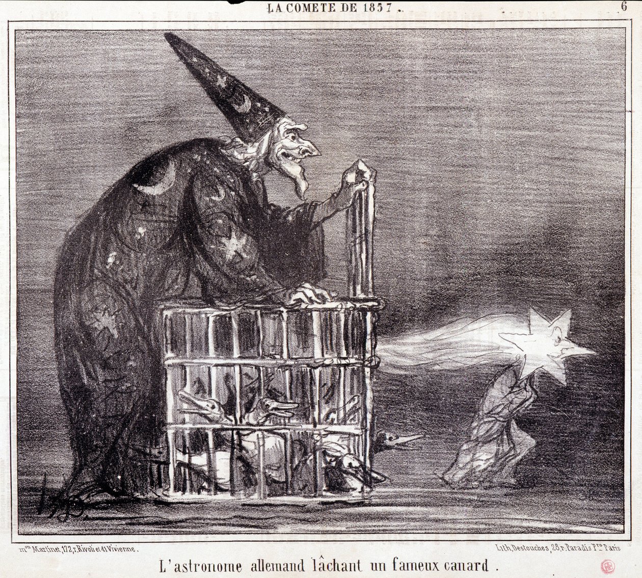 Karikatur über Wissenschaft. Serie Sur „der Komet von 1857“: „Der deutsche Astronom verlässt eine berühmte Ente“. Gravur von Honore Daumier (1808-1879). Auszug aus der Zeitung „Le Charivari“ 2. März von Honoré Daumier