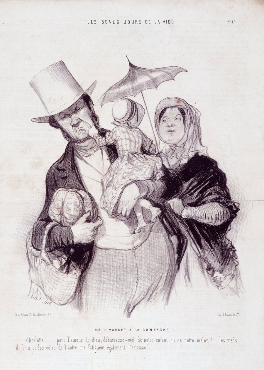 Karikatur über die Familie. Serie „Die schönen Tage des Lebens“: „Ein Sonntag auf dem Land...“. Gravur von Honoré Daumier (1808-1879). Auszug aus der Zeitung „Le Charivari“ vom 21. Juli. von Honoré Daumier