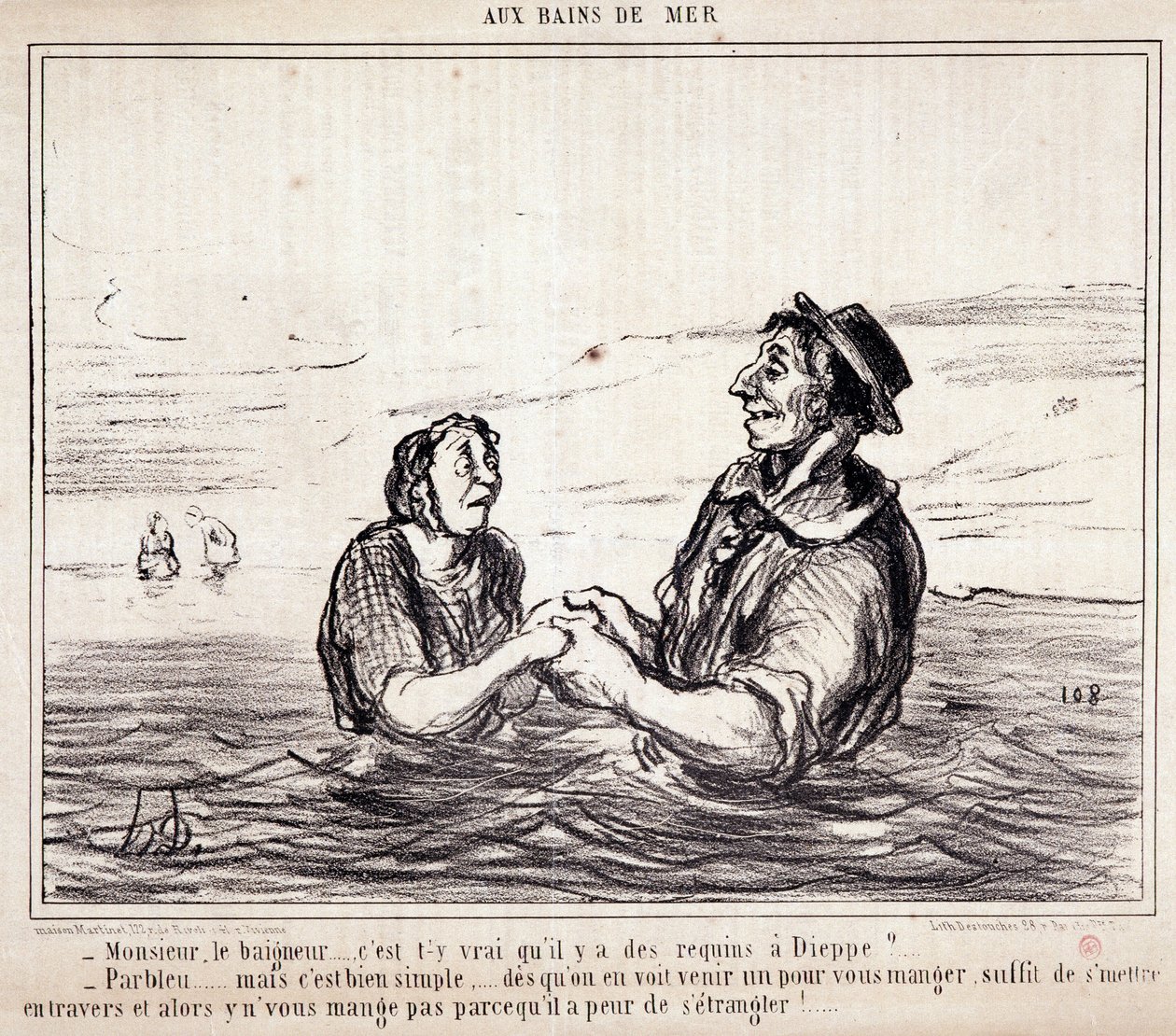 Karikatur über Touristen im Urlaub. Serie „aux Bains de Mer“: „Monsieur le bathneur... ist es wahr, dass es Haie in Dieppe gibt?...“ Gravur von Honore Daumier (1808-1879). Auszug aus der Zeitung „Le Charivari“ am 8. Juni von Honoré Daumier