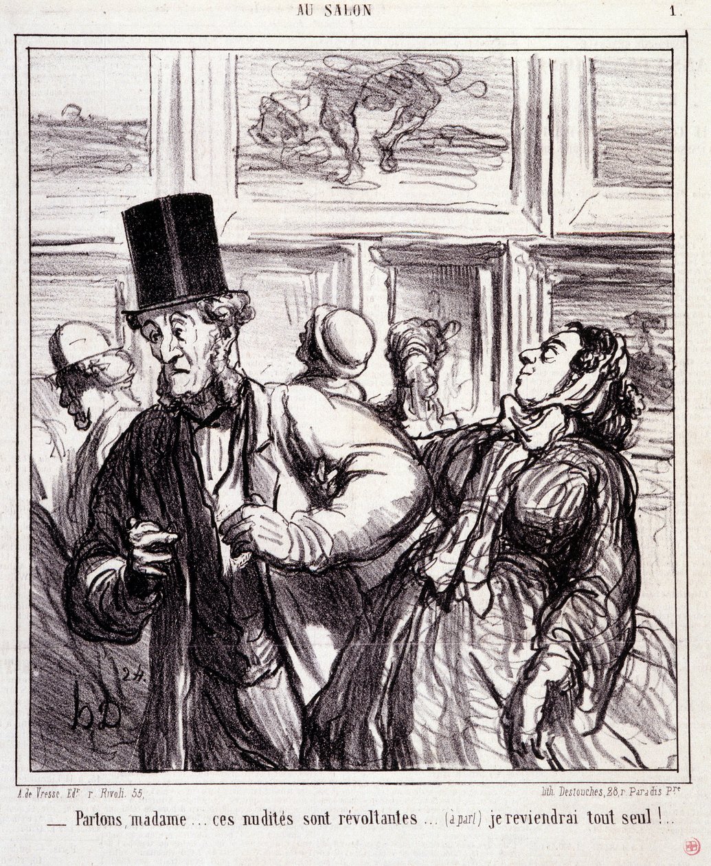 Karikatur über Kunstliebhaber. Serie „Im Salon“: „Lass uns gehen, Madam... diese Nacktheiten sind empörend... ich werde allein zurückkehren“ von Honoré Daumier
