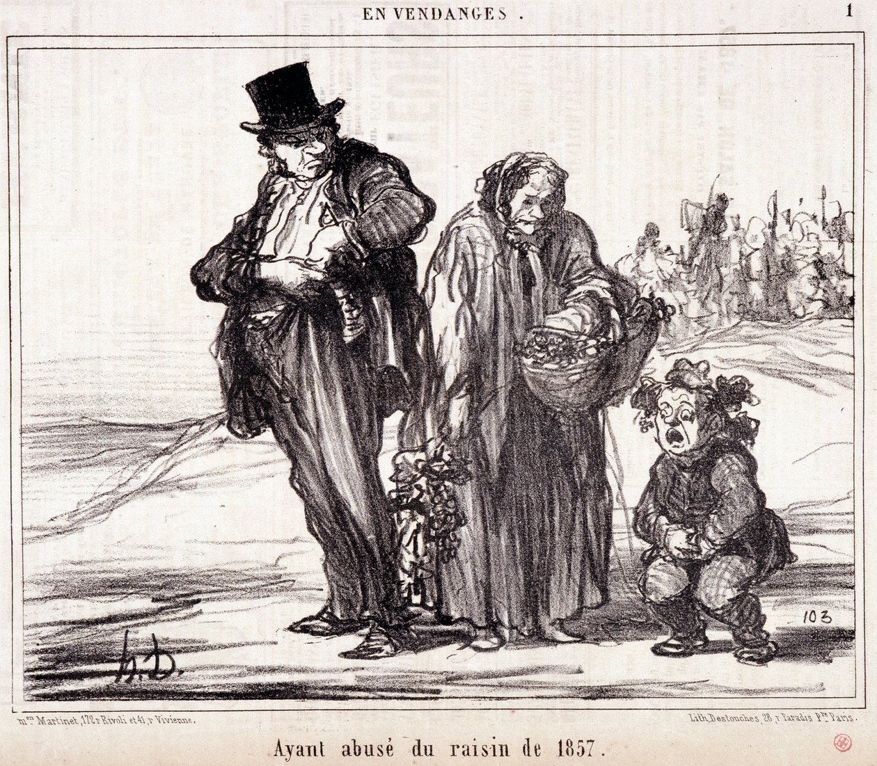 Karikatur über den Weinbau. Serie „Herbstskizze“: „Bei der Ernte. Missbrauch der Trauben von 1857“ Gravur von Honore Daumier (1808-1879). Auszug aus der Zeitung „Le Charivari“ vom 16. Oktober von Honoré Daumier