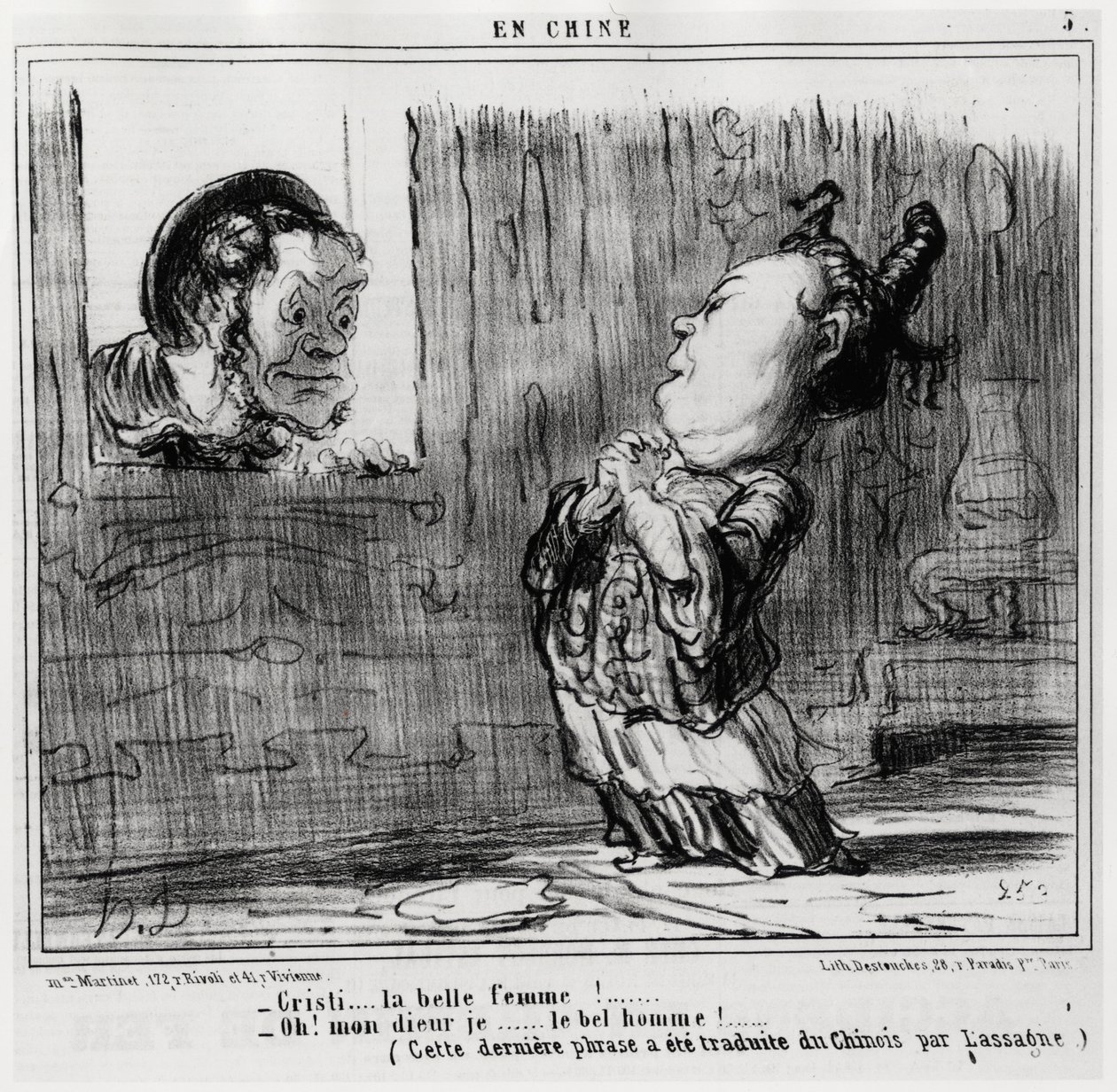 Christi, die schöne Frau! ; „Oh! Gott, ich... Der schöne Mann!“ (Dieser letzte Satz wurde von Lassagne aus dem Chinesischen übersetzt.), in der Serie En Chine, Illustration von Honore Daumier (1808-1879), veröffentlicht in „Charivari“ von Honoré Daumier