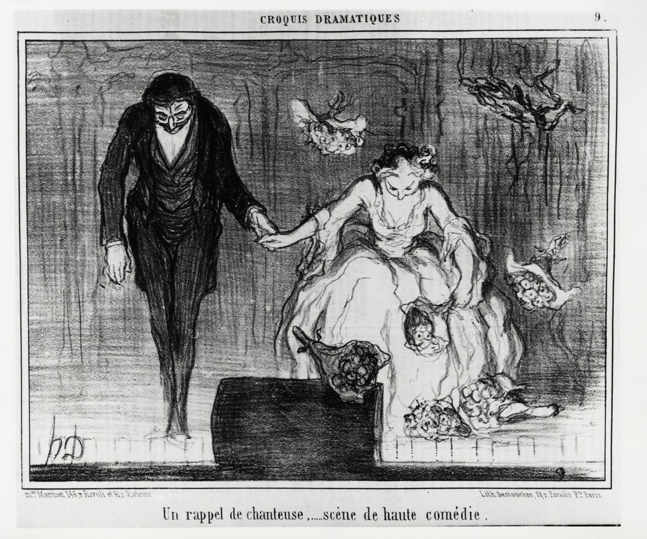 Dramatische Skizzen: eine Sängererinnerung, Szene der hohen Komödie. Illustration von Honore Daumier (1808-1879), veröffentlicht in „Charivari“, datiert 9. Januar von Honoré Daumier