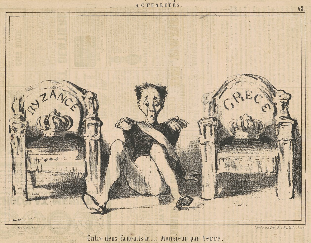Zwischen zwei Sesseln der ... Herr auf dem Boden von Honoré Daumier