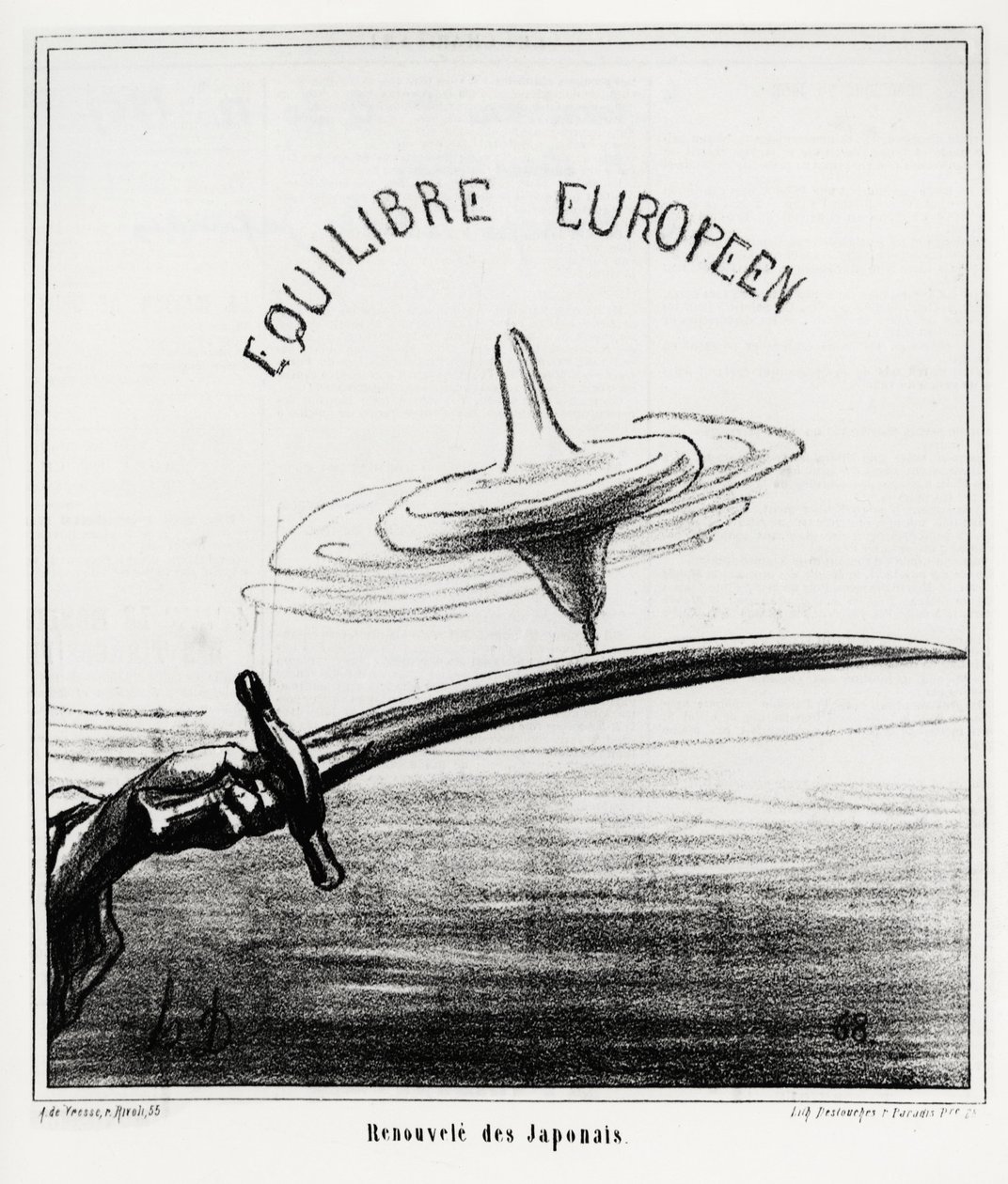 Europäische Balance: Japanische Wiederbelebung. Kurz nach der Wiederherstellung des kaiserlichen Regimes in Japan, nach dem Rücktritt des Tokugawa-Shogunats im November 1867. Illustration von Honore Daumier (1808-1879), veröffentlicht in den Nachrichten, „ von Honoré Daumier