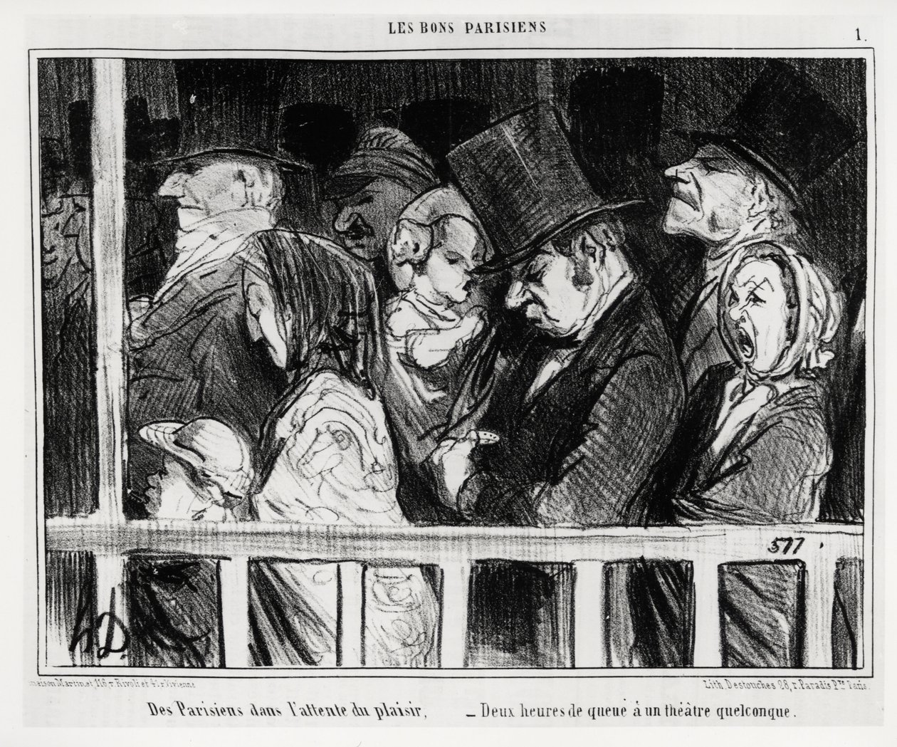 Gute Pariser: Pariser warten auf Spaß, zwei Stunden Schlange vor einer Art Theater. Illustration von Honoré Daumier (1808-1879), veröffentlicht in Charivari, datiert 5. März von Honoré Daumier