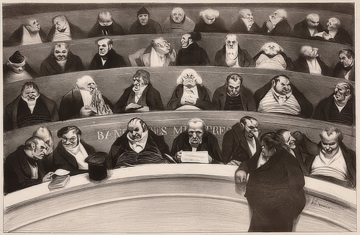 Der gesetzgebende Bauch. Ansicht der Kabinettsbänke der nicht prostituierten Kammer von 1834 von Honoré Daumier