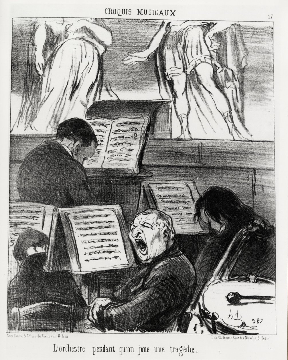 Musikalische Skizzen: das Orchester beim Spielen einer Tragödie. Illustration von Honore Daumier (1808-1879), veröffentlicht in „Charivari“, datiert 5. April 1852 von Honoré Daumier