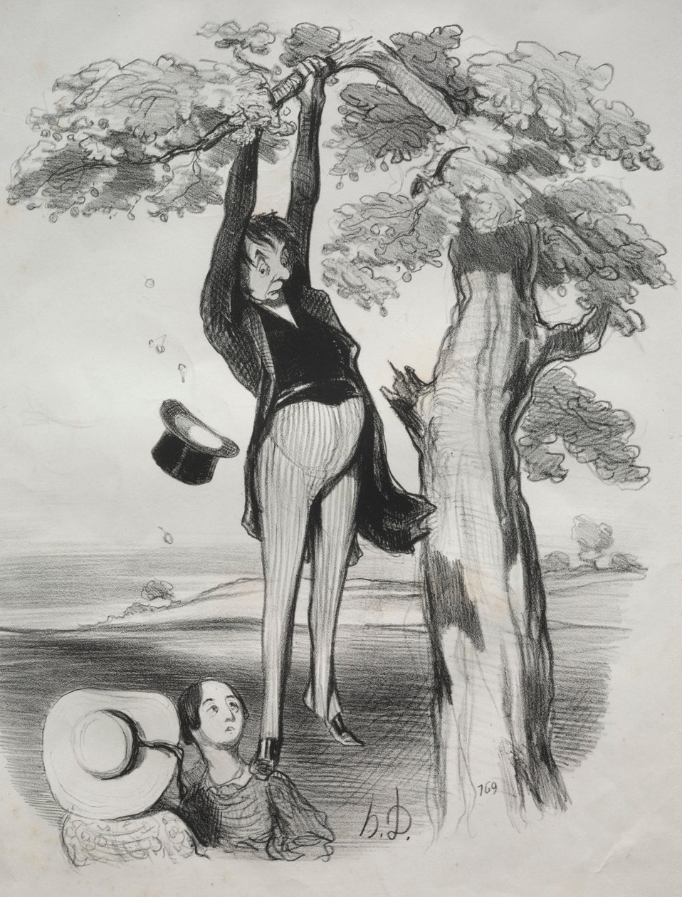Pastorales, Platte 2: Die Gefahren, einen Pflaumenbaum zu kräftig zu schütteln..., 1845 von Honoré Daumier