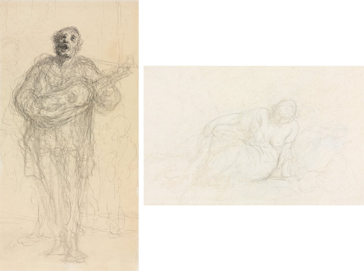 Singender Gitarrist (recto); Liegende Frau, die sich auf ihren Arm stützt (verso) von Honoré Daumier