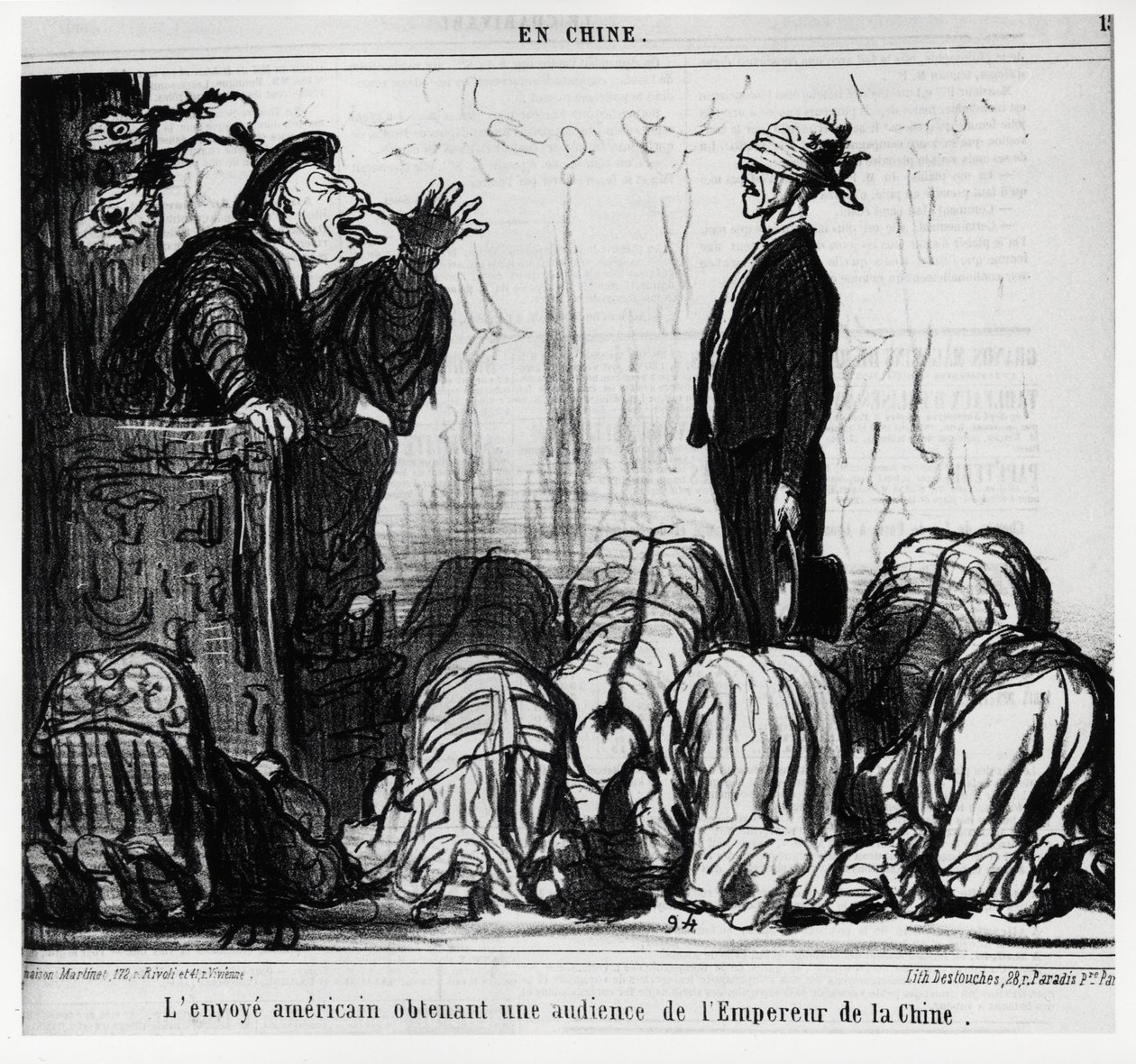 Der amerikanische Gesandte erhält eine Audienz beim Kaiser von China. In der Serie En Chine, Illustration von Honoré Daumier (1808-1879), veröffentlicht in Charivari, datiert 21. Oktober von Honoré Daumier