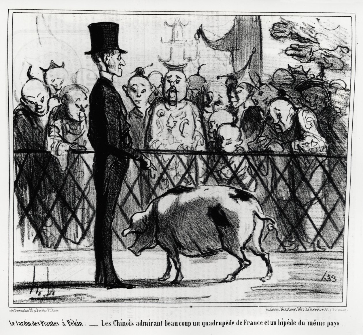 Der Garten der Pflanzen in Peking: die Chinesen bewundern ein vierfüßiges Tier aus Frankreich und ein Piepsen aus demselben Land. Illustration von Honoré Daumier (1808-1879), veröffentlicht in Charivari, China Actualités von Honoré Daumier