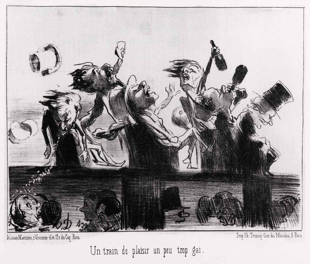 Ein etwas zu fröhlicher Vergnügungszug, in der Serie Die Eisenbahnen, Illustration von Honore Daumier (1808-1879), veröffentlicht in „Charivari“, datiert 20. August 1852 von Honoré Daumier